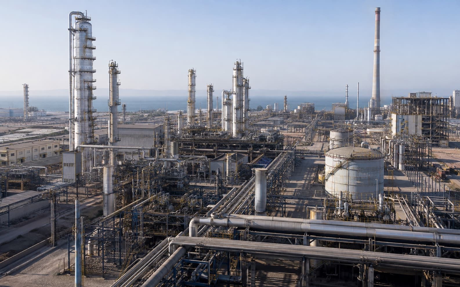 Ammonia and fertilizer production facility with process towers and pipe racks