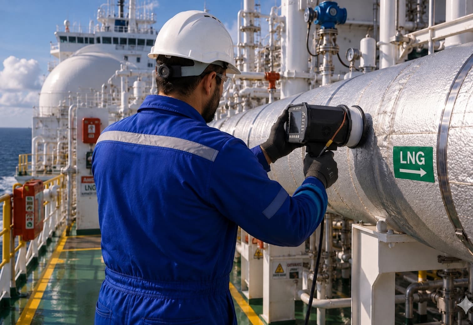 Asset integrity specialist in blue coveralls conducting CUI inspection on insulated LNG piping