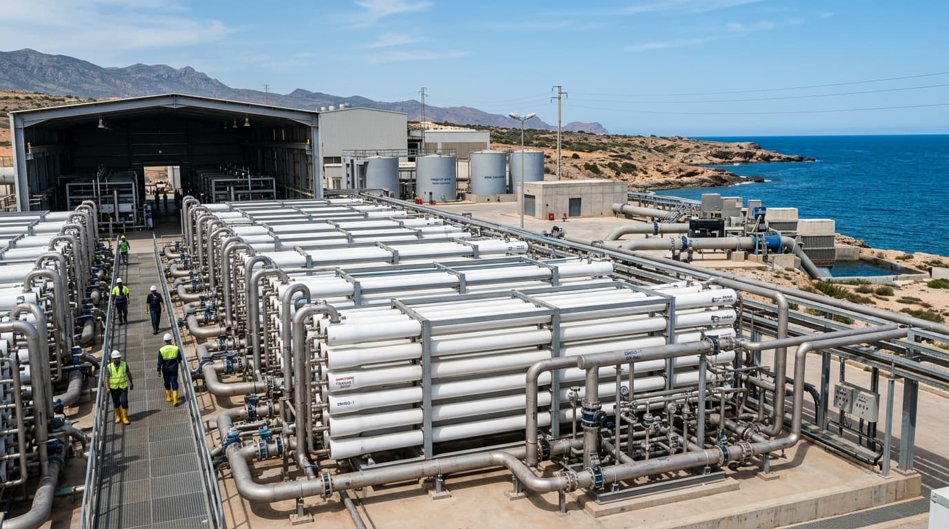 Seawater reverse osmosis desalination facility with high-pressure pumps and membrane arrays