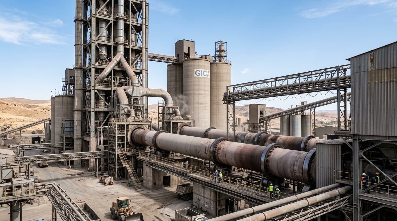 Industrial cement manufacturing plant with rotary kilns and production facilities in Algeria