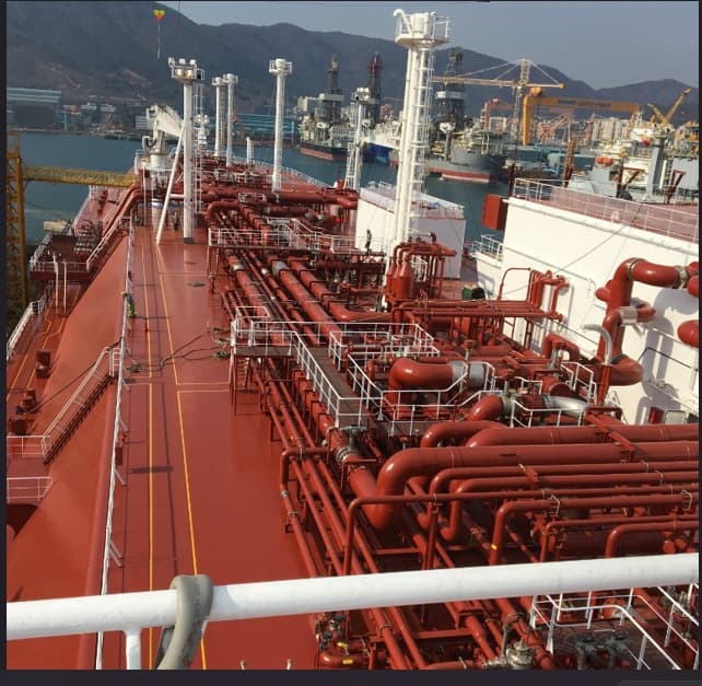 LNG carrier deck, cargo pipelines and maritime terminal infrastructure